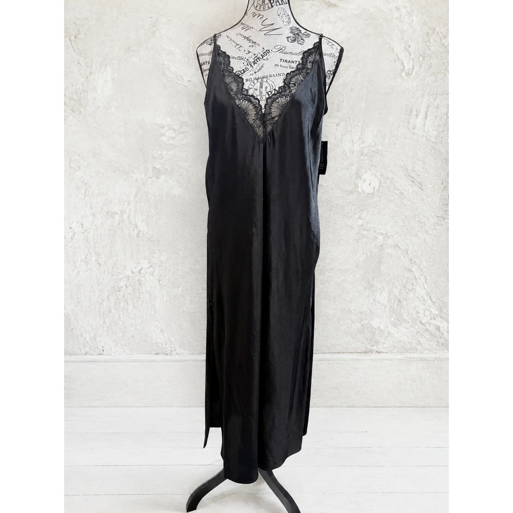 NWT INC International Concepts Black Satin Maxi Nightgown Lace Trim Small